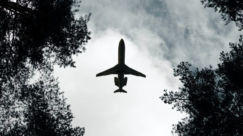 Avião visto debaixo sobrevoando árvores em uma imagem preta e branca com céu e nuvens ao fundo