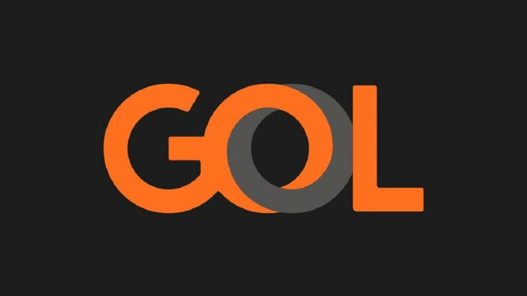 Logo da Gol nas cores laranja e cinza, com fundo preto