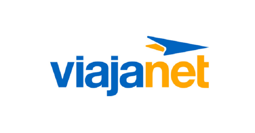 Logo do site Viajanet com cores azuis e alaranjadas em um fundo branco