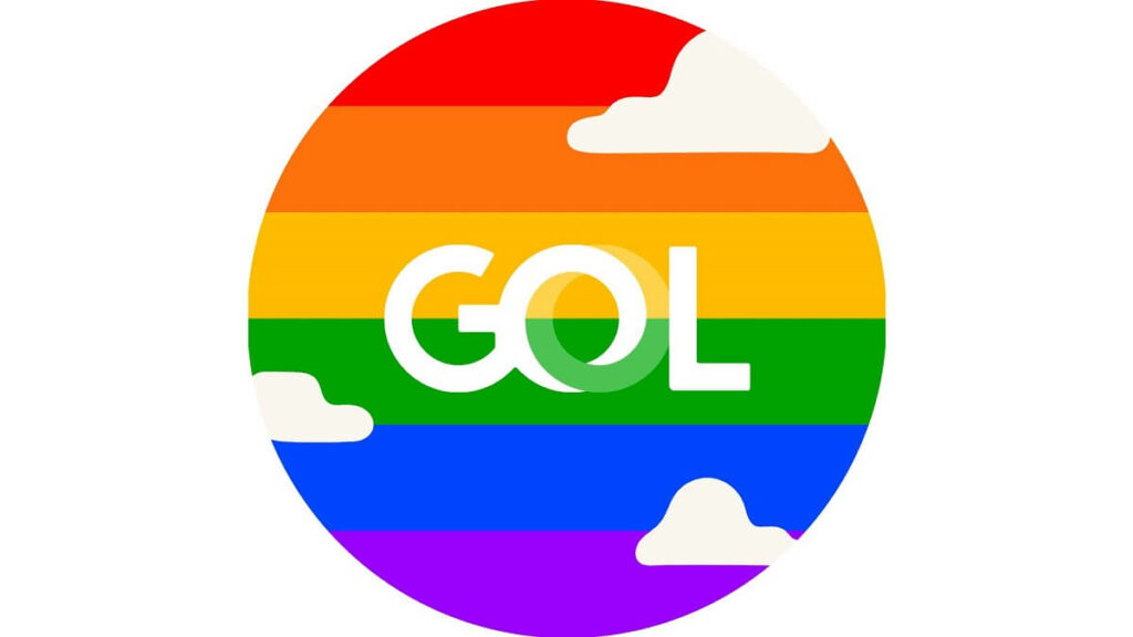 Logo da Gol com referencia LGBT e fundo branco. Passagens aéreas Gol
