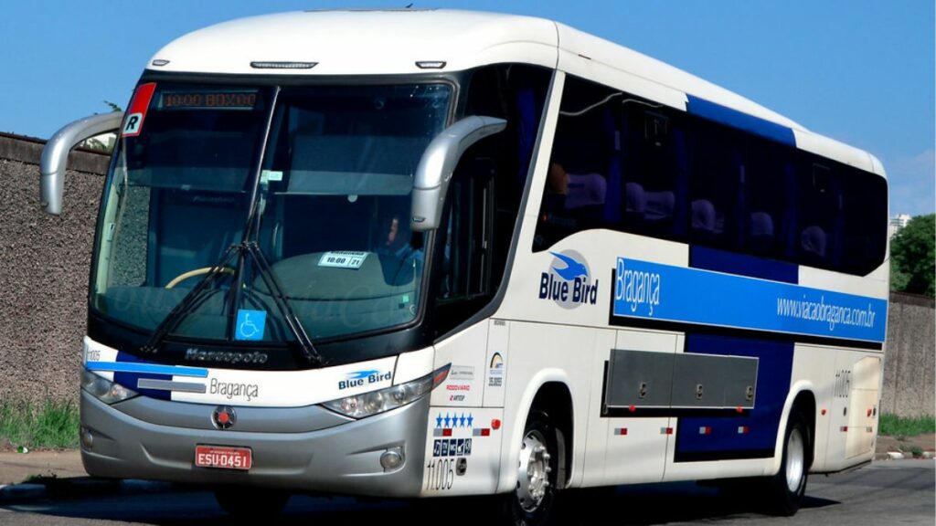 Ônibus Viação Bragança. Ônibus Branco e azul