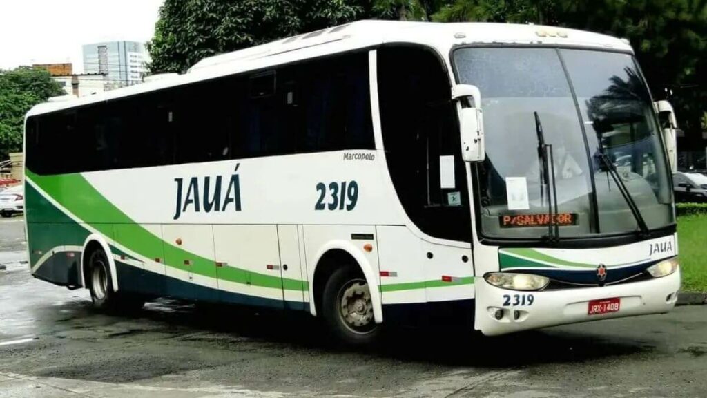 Ônibus Viação Jauá.  Ônibus branco com verde