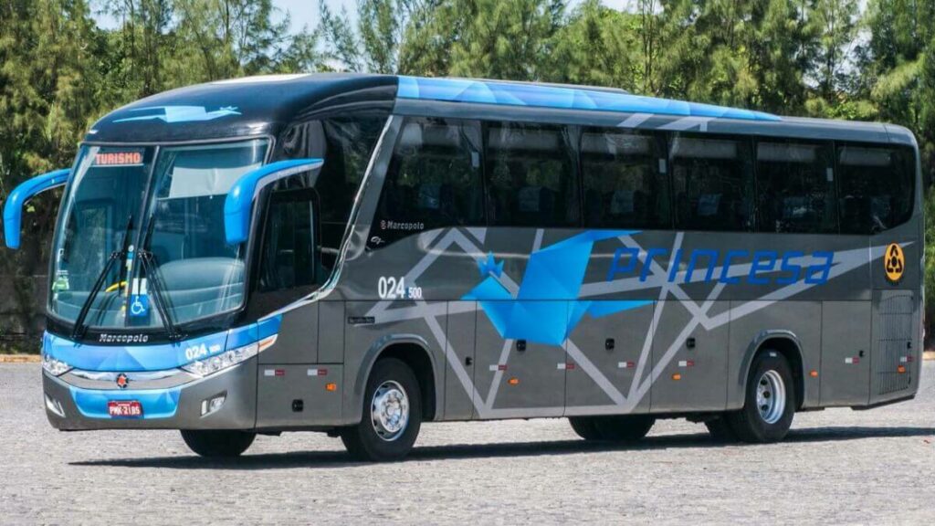 Ônibus Viação Princesa. Ônibus cinza e azul
